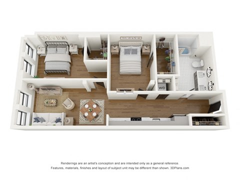 Floor plan for 2 beds, 1 bath, 875 sqft
